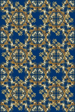 Altın elementlerle mavi, kahverengi ve sarı renklerde kusursuz desen. Raster oryantal süs. Kusursuz altın desen.