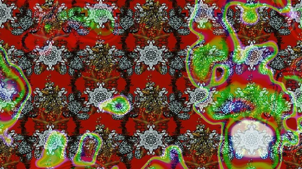 Kırmızı, kahverengi ve yeşil renkte etnik çiçeklerle süslenmiş zarif bir eskiz şekli. Raster Çiçek İllüstrasyon Şirin Tekstil.