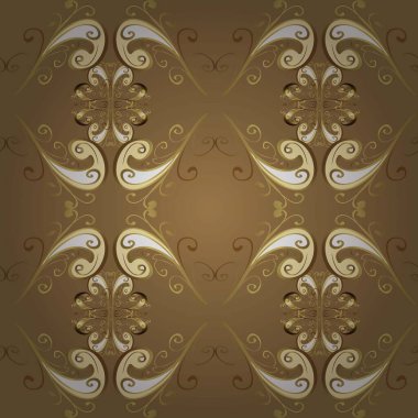 Seamless pattern on brown and white colors with golden elements. Traditional orient ornament. Classic vintage background. Seamless classic raster golden pattern.