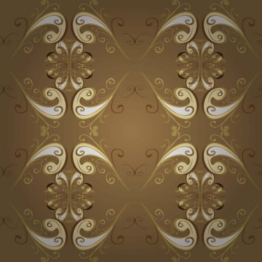 Seamless pattern on brown and white colors with golden elements. Traditional orient ornament. Classic vintage background. Seamless classic raster golden pattern.