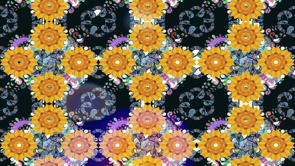 Renkli Bahar Teması eskiz kalıbı. Düz Çiçek Elementleri Tasarımı. Sarı renkli çiçekler. Sevimli çiçek raster deseni.