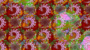 Kırmızı ve yeşil renkte çiçek çizimi. Raster illüstrasyonu. Çiçekler kırmızı ve yeşil renklerde. Şatafatlı bahar bahçesi dokusu. Çiçek deseni.