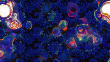 Kumaş desenli papatya çiçeği detayı. Mavi ve siyah renkte çiçekler.