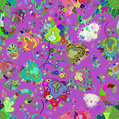 Elle çizilmiş çiçekli kusursuz desen. Tekstil, kumaş, ambalaj, hatıra defteri için hoş bir çiçek arkaplanı. Menekşe ve yeşil arka planda. Çocuksu tasarım.