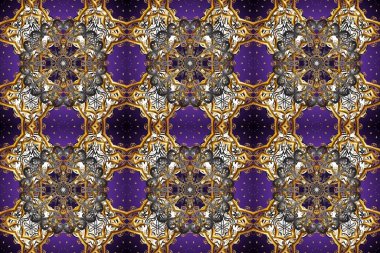 Klasik klasik klasik arka plan. Geleneksel oryantasyon süsü. Raster illüstrasyonu. Kahverengi, gri ve mor renklerde altın elementlerle kusursuz desen. Kusursuz klasik raster altın desenli.