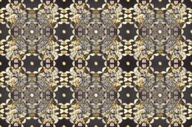 Raster illüstrasyonu. Geleneksel oryantasyon süsü. Gri, bej ve kahverengi renklerde altın elementlerle kusursuz desen. Klasik klasik klasik arka plan. Kusursuz klasik raster altın desenli.