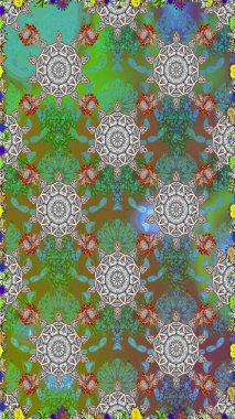 Raster illüstrasyonu. Yeşil renkli çiçekler. Düz Çiçek Elementleri Tasarımı. Renkli Bahar Temalı Kusursuz Arkaplan. Çiçekli, suluboya desenli kusursuz çiçek deseni.