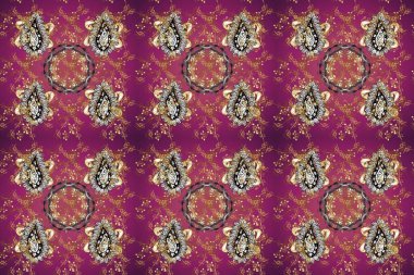 Raster altın pürüzsüz desen. Düz elle çizilmiş klasik koleksiyon. Altın desenli mor, bej ve kahverengi renkler ve altın elementler. Arkaplan, kumaş, altın duvar kağıdı.