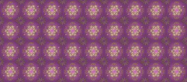 Seamless medieval floral royal pattern. Gold on violet and beige colors. Good for greeting card for birthday, invitation or banner. Raster illustration. Decorative symmetry arabesque.