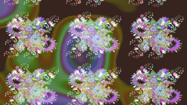 Suluboya, elle çizilmiş. Raster illüstrasyonu. Mor ve yeşil renkte yaprakları olan yabani çiçekler. Taslak arkaplan deseni.