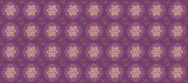 Seamless medieval floral royal pattern. Gold on violet and beige colors. Good for greeting card for birthday, invitation or banner. Raster illustration. Decorative symmetry arabesque.