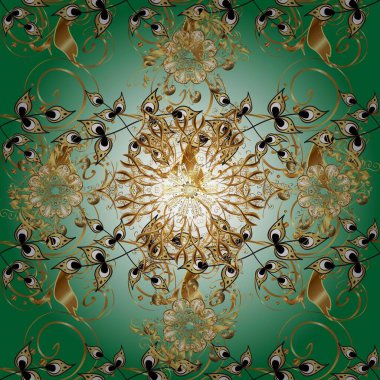 Raster illüstrasyonu. Yeşil ve nötr renklerde altın elementlerle klasik, pürüzsüz desen.
