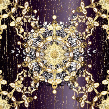 Paisleys zarif çiçek desenli arkaplan duvar kâğıdı illüstrasyonuyla klasik stil güzel 3D çizgili sanat eseri altın ve siyah ve kahverengi desenli çiçek yaprakları ve süslemeleri.