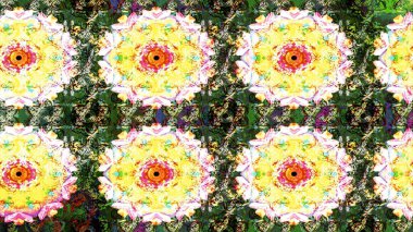 Raster illüstrasyonu. Raster illüstrasyonu. Yeşil ve sarı renkli çiçekler. Asya tekstil tarzında. Çiçek desenini çiz.