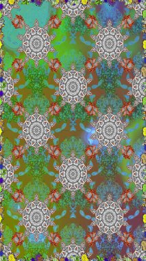 Raster illüstrasyonu. Yeşil renkli çiçekler. Düz Çiçek Elementleri Tasarımı. Renkli Bahar Temalı Kusursuz Arkaplan. Çiçekli, suluboya desenli kusursuz çiçek deseni.