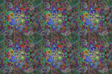 Raster illüstrasyonu. Düz Çiçek Elementleri Tasarımı. Çiçekli, suluboya desenli kusursuz çiçek deseni. Mavi ve yeşil renkli çiçekler. Renkli Bahar Teması Kusursuz Arkaplan.