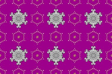 Raster illüstrasyonu. Mor, gri ve nötr renklerdeki altın pürüzsüz desen, altın elementlerle. Tekrarlayan elementlerle soyut arkaplan oluşturun. Kusursuz, klasik altın desen..