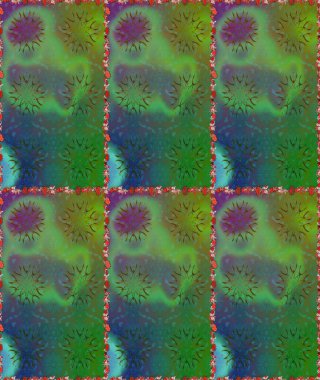 Parlak çiçekli kolaj çiçekleri yeşil ve mavi. Çiçekli zambaklar kusursuz bir arka plan. Çiçek tasarımı için inanılmaz kolaj cennet tarzı..