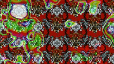 Kırmızı, kahverengi ve yeşil renkte etnik çiçeklerle süslenmiş zarif bir eskiz şekli. Raster Çiçek İllüstrasyon Şirin Tekstil.