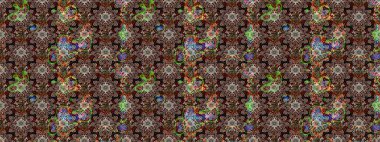 Parlak renkli fantezi çiçekleri, yapraklar, kahverengi ve siyah renkli tomurcuklar kahverengi ve siyah. Suluboya el çizimi elementli çiçek çizimi deseni.