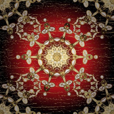 Kına dövmeli süs çiçekleri, altın çıkartmalar, mehndi ve yoga tasarımı, kartlar ve parmak izleri. Raster Golden Mehndi kusursuz desen. Kahverengi ve kırmızı renkte desen.