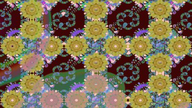 Kahverengi renkler ve parlak çiçekler üzerine soyut çizim deseni. Çiçeksel elementlerle süslenmiş zarif raster dokusu. Küçük çiçekte şirin bir çiçek deseni var..