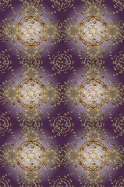 Tarafsız ve mor renklerde, altın elementlerle kusursuz klasik desen. Noel, kar tanesi, yeni yıl 2019.