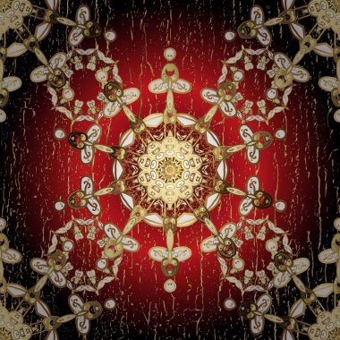 Kahverengi ve kırmızı renkte desen. Raster Golden Mehndi kusursuz desen. Kına dövmeli süs çiçekleri, altın çıkartmalar, mehndi ve yoga tasarımı, kartlar ve parmak izleri..