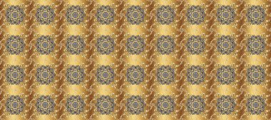 Kahverengi ve sarı renklerde altın elementlerle pürüzsüz bir desen. Şam tasarım için kusursuz desen.