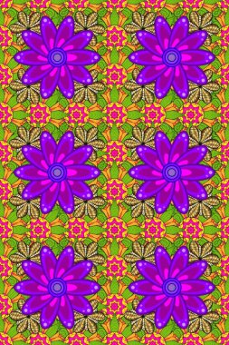 Soyut etnik raster kusursuz desen. Kabile sanatı boho baskısı, klasik çiçek arkaplanı. Arkaplan dokusu, duvar kağıdı, çiçek teması sarı, mor ve yeşil renkler.