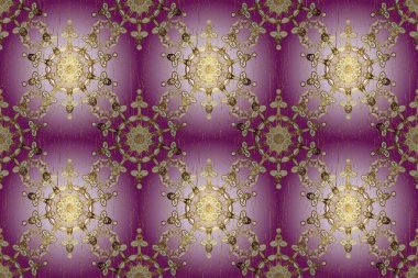 Kusursuz altın desen. Raster oryantal süs. Tarafsız ve mor renklerde altın elementlerle kusursuz desen.