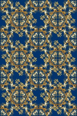Raster oryantal süs. Altın elementlerle mavi, kahverengi ve sarı renklerde kusursuz desen. Kusursuz altın desen.