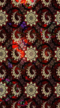 Raster illüstrasyonu. Asya tekstil tarzında. Çiçek desenli çizim. Kahverengi ve siyah renkli çiçekler. Raster illüstrasyonu.