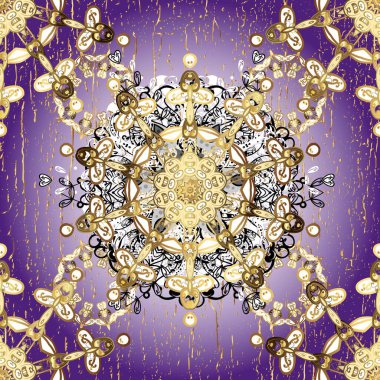 Klasik çiçek dokusu. Kusursuz desenli altın elementler. Mor ve nötr renkler üzerinde kraliyet retro 'su. Altın şablon. Kart, duvar kağıdı, ambalaj, tekstil için klasik tasarım.