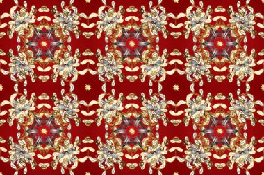 Barok tarzında duvar kağıdı tasarımı için kusursuz damaske deseni arkaplanı. Süslü raster dekorasyonu. Altın desenli kırmızı, bej ve kahverengi üzerine altın elementler.