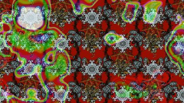 Kırmızı, kahverengi ve yeşil renkte etnik çiçeklerle süslenmiş zarif bir eskiz şekli. Raster Çiçek İllüstrasyon Şirin Tekstil.