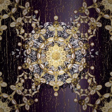 Siyah ve kahverengi renklerde altın element. Çizgi sanatı tasarım şablonu için kusursuz sınır. Altın desenli çiçek dekoru. Davetiyeler, kartlar, web sayfası için Raster illüstrasyon. Doğu tarzı ögesi.