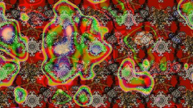 Raster Floral Illustration, Asyalı tekstil. Kırmızı ve kahverengi renkli etnik çiçeklerle zarif bir eskiz deseni..