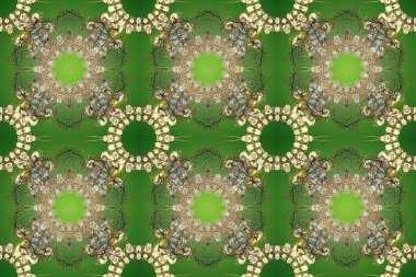 Klasik raster şablonu. Yeşil, bej, nötr ve altın desenli. Tekrarlayan ögelerle kusursuz soyut arkaplan.