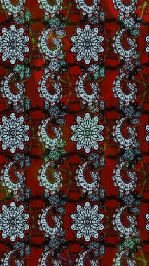 Kırmızı ve siyah renklerde Asya tekstili. Raster illüstrasyonu. Suluboya çiçekli çiçek deseni.