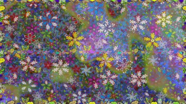 Düz Çiçek Elementleri Tasarım Raster illüstrasyonu. Yeşil renkte çiçekler. Renkli Bahar Temalı, pürüzsüz bir arka plan. Çiçekli, suluboya desenli kusursuz çiçek deseni.