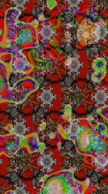 Çiçek ve yapraklı karalama şeklinde Raster çiçek deseni. Raster illüstrasyonu. Gri, kahverengi ve kırmızı renkte bahar çiçekleri.