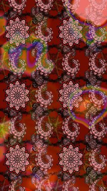 Kırmızı ve kahverengi renkte etnik çiçeklerle süslenmiş zarif bir eskiz şekli. Raster Çiçek İllüstrasyonu güzel tekstil..