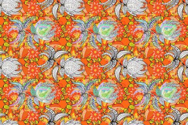 Renkli Bahar Temalı Kusursuz Arkaplan. Kusursuz çiçek deseni yerleştirildi. Düz Çiçek Elementleri Tasarımı. Sarı ve turuncu renkte çiçekler.