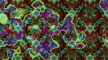 Nakış desenli çiçek deseni. Renkli grunge, koyu yeşil ve kahverengi çiçeklerle soyut bir arka plan oluşturur. İzler, kumaş, duvar kağıtları, tekstil için raster dokusu.