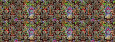 Güzel kumaş deseni. Çiçekler, dallar, bitkiler ve çiçekler. El çizimi. Raster illüstrasyonu.