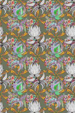 Çiçekli karalama şeklinde bir desen. Gri ve yeşil renkli çiçekler. Yumuşak, bahar çiçekli arka plan.