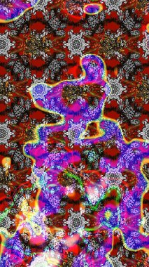 Çok renkli ve gri zarif küçük çiçekler ve kırmızı ve gri renkli komik böcekler, raster desen, illüstrasyon.