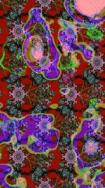 Halk tarzı. Parlak renkli çiçekleri olan ve kırmızı ve kahverengi renkte yaprakları olan harika bir çiçek deseni. Moda baskıları için zarif bir şablon. Modern çiçek arkaplanı.