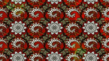 Raster illüstrasyonu. Çiçek desenli çizim. Kahverengi ve kırmızı renkte çiçekler. Renkli Bahar Teması eskiz kalıbı. Düz Çiçek Elementleri Tasarımı. Asya tekstil tarzında.